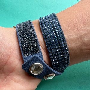 Swarovski crystal navy blue suede leather double wrap bracelet